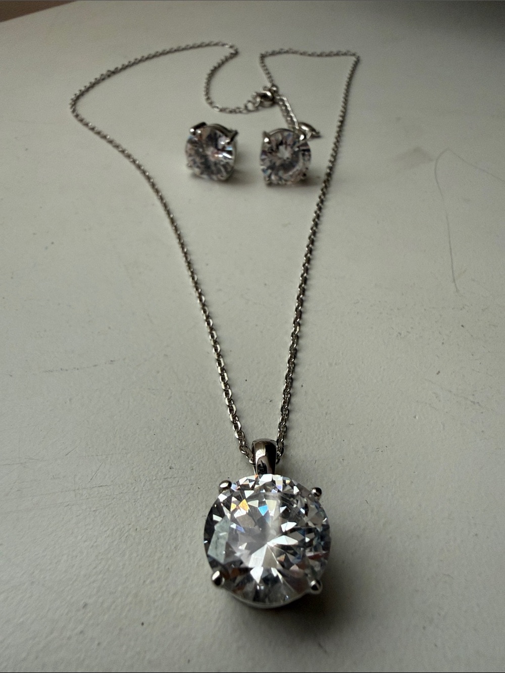 Classic Silver-Tone Clear Crystal Pendant Necklace with Matching Studs